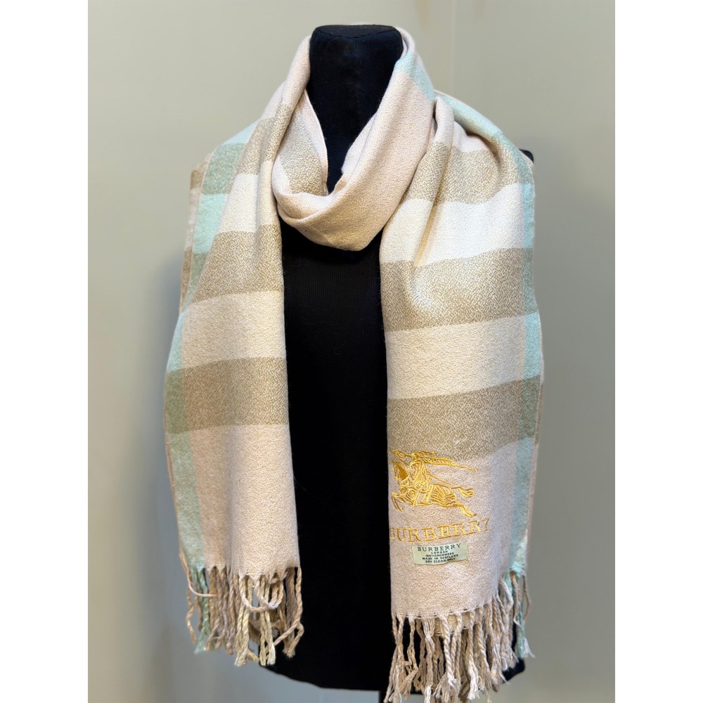 Burberry London Cashmere Scarf Beige Mint Green Plaid Gold Prorsum Knight Logo